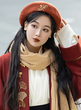 拟梦稻香原创刺绣羊毛贝雷帽秋冬百搭复古帽子徽章学院风jk画家帽