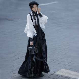 新中式 日常轻汉服女 秋款 拟梦国风墨白原创背带荷叶边改良立领衬衫