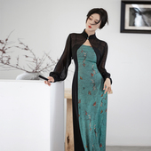 拟梦青烟国风原创新中式 拼接收腰显瘦吊带连衣裙盘扣立领复古修身