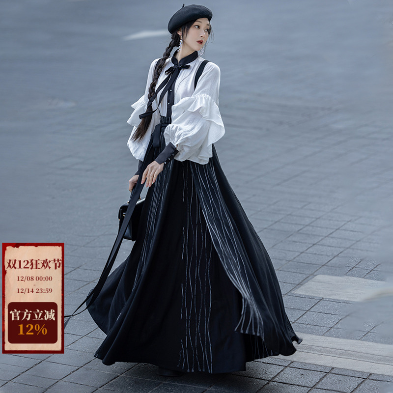 拟梦荷叶边背带新中式日常汉服