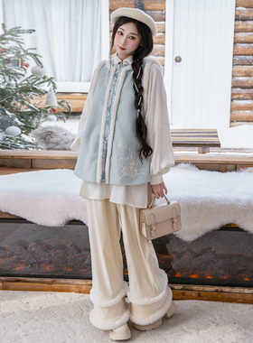 拟梦雪绒绒 原创明制比甲改良立领衬衫阔腿裤 蕾丝圈毛秋冬毛呢