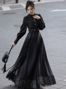 拟梦东方骨国风原创通勤日常汉服百迭黑纱马面裙上班穿春秋新中式