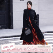 拟梦待春归原创盘扣羊毛双面呢大衣汉服改良圆领袍红色过年套装 冬