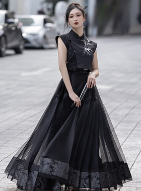 拟梦东方骨国风原创新中式竹子绣花流苏盘扣马甲旗袍领上衣马面裙