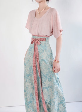 拟梦青釉染短袖版 原创唐制汉服半臂半袖破裙春夏女日常通勤套装