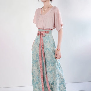 破裙春夏女日常通勤套裝 擬夢(mèng)青釉染短袖 版 原創(chuàng)唐制漢服半臂半袖