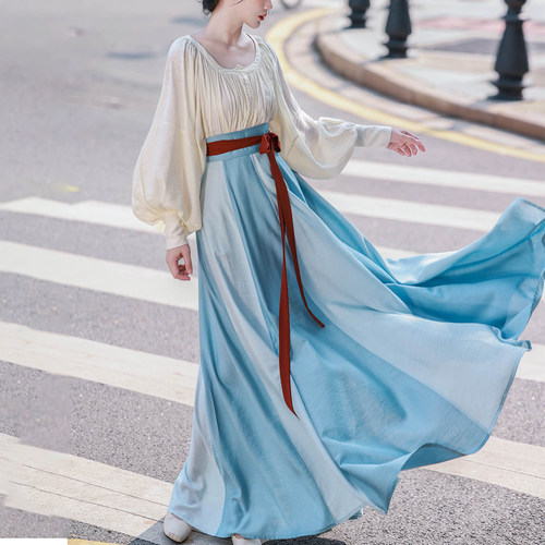 拟梦雨后彩虹原创国风衬衫鸡心领唐制汉服间色破裙简约日常大放量