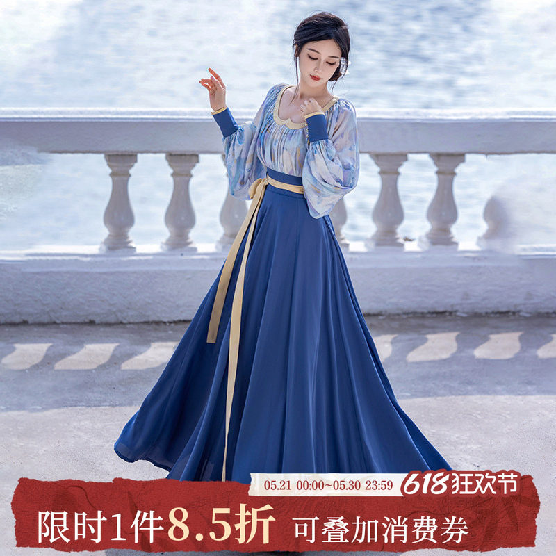 拟梦梵高的海国风原创改良鸡心领6米摆十破裙春秋油画感日常汉服