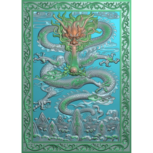 PF419正面单龙吐珠吐水祥云波浪花洋花边框挂屏风壁画挂匾精雕图