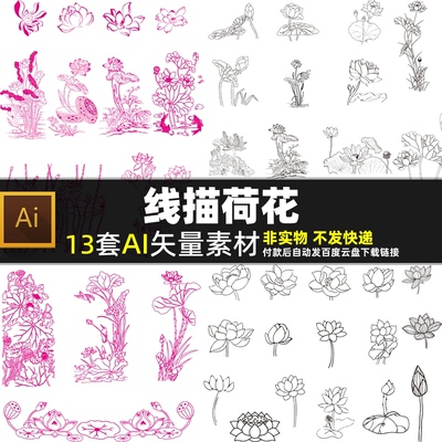 线描荷花AI矢量素材素描中国风禅意花卉线稿莲花白描工笔荷叶图片