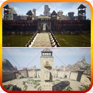 UE4 虚幻5 中世纪城墙城堡塔楼炮台木箱桶树木灌木草地场景3D模型