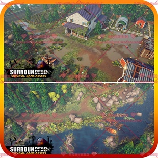 UE5虚幻5卡通风格化末日营地房屋建筑栅栏花草树木石头场景3D模型