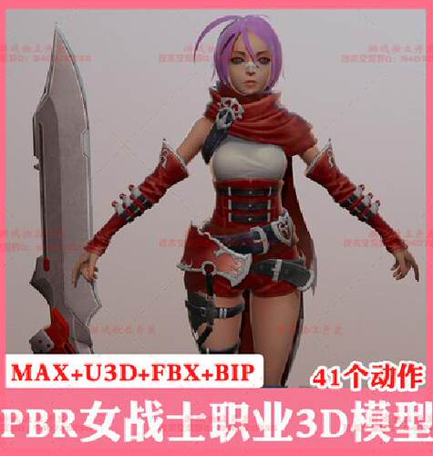 3ds max韩游u3d大剑美女战士角色fbx动作unity3d骨骼3dmax模型bip