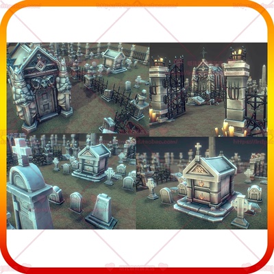 Unity3d卡通墓地墓碑骷髅雕像地穴棺材大门栅栏蜡烛石头场景模型