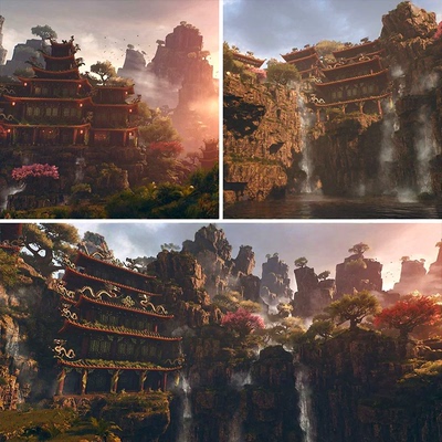 ue4/ue5中国风古建筑场景资产古代唐朝宫殿古风山水悬崖模型素材