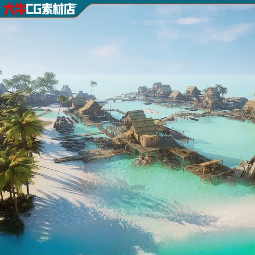 UE4/5虚幻 写实海边小村庄小岛小房子木屋海水海岛码头渔村场景
