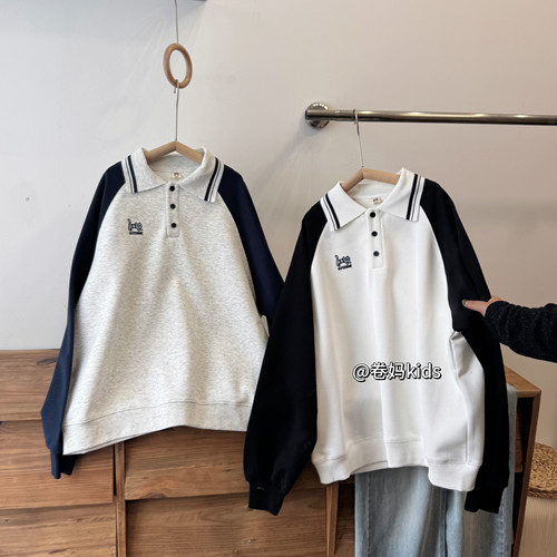 卷妈童品26春秋青少年卫衣学院风Polo衫宽松翻领拼接卡通刺绣上衣