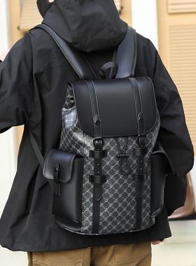 新款男双肩包休闲印花背包质感商务通勤电脑包拼色软皮出差旅行包