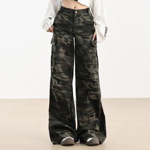 迷彩工装裤女款2025新款夏季美式宽松显瘦大口袋中腰阔腿牛仔裤子