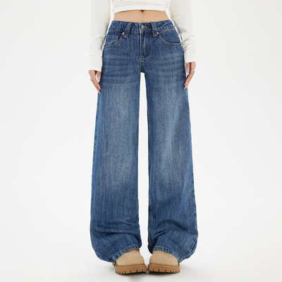 美式复古蓝低腰阔腿直筒牛仔长裤