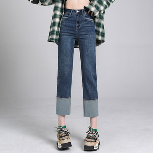 复古烟管拼接撞色宽松设计感九分小脚裤 窄版 子 直筒牛仔裤 秋冬新款