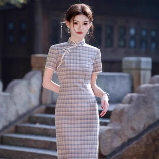 苏州旗袍时尚格子中长复古国风年轻短袖竹节麻小个子修身2026新款