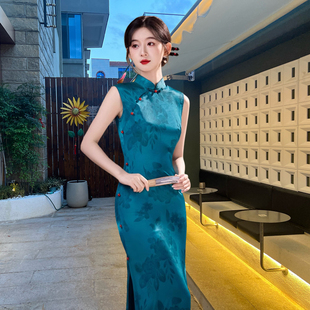 新中式苏州仿醋酸长款修身复古个性无袖模特展会迎宾旗袍2025新款