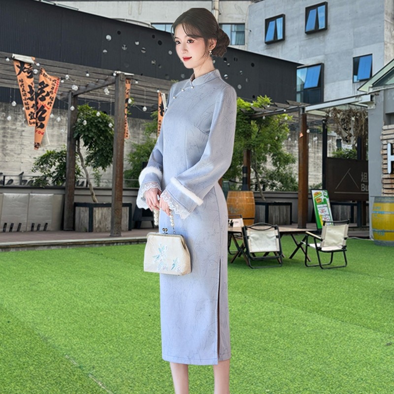 提花麂皮绒加绒加厚广袖苏州旗袍