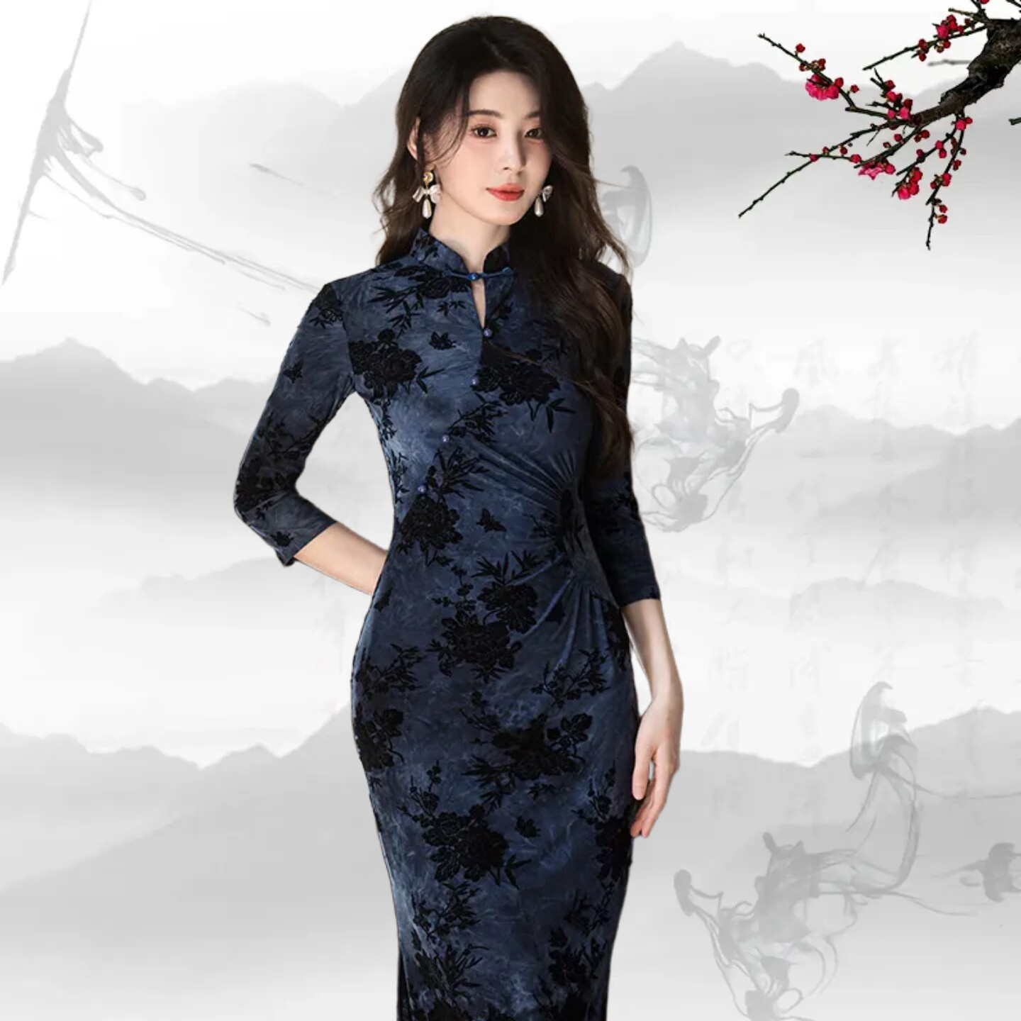 民国上海滩太太气质优雅水滴领植绒长袖江南风韵苏州旗袍新款2026