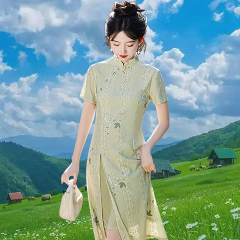 中国风古风立领奥黛蕾丝短款新小个子日常连衣裙2025新款苏州旗袍