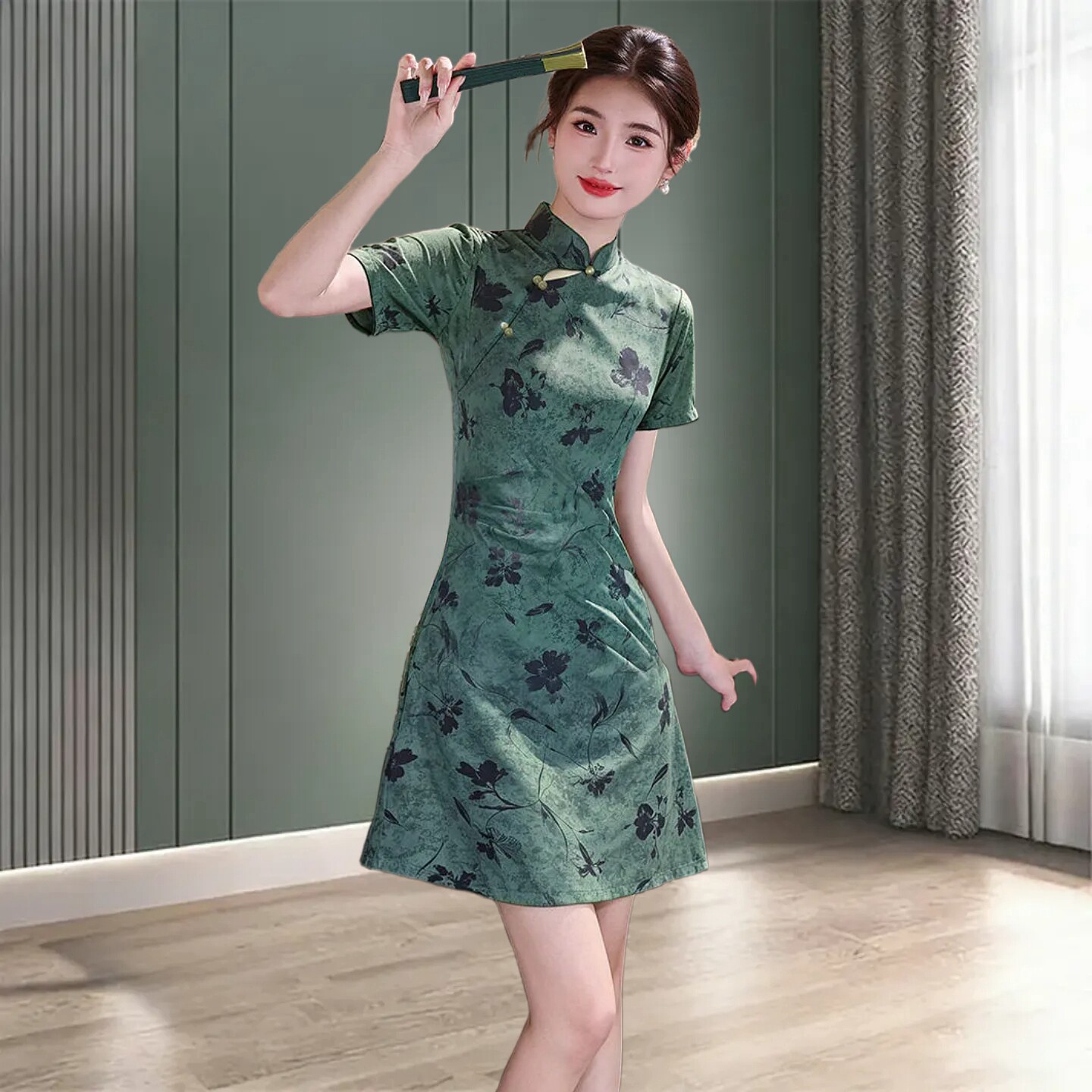 仿真丝旗袍改良上海文艺少女短款