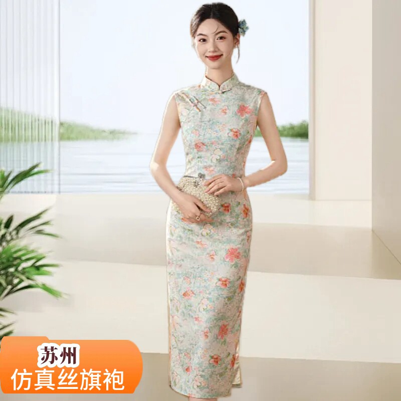 新中式仿真丝无袖长款苏州旗袍裙