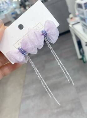 925银针施家砂糖水晶蝴蝶结耳钉 耳线前后两用耳坠