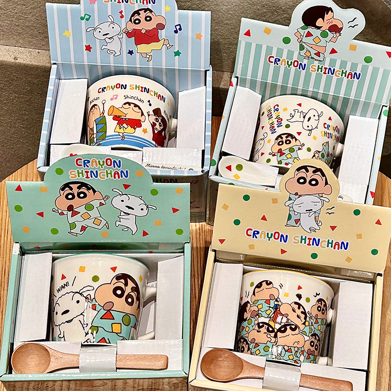 蜡笔小新杯子陶瓷马克杯带礼盒勺子可爱卡通学生家用水杯生日礼物