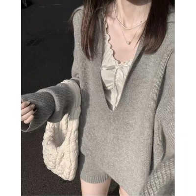 秋季套装女装韩系慵懒风深v领毛衣小个子穿搭短裤子针织两件套女