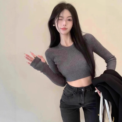 灰色长袖针织衫女2025春秋内搭修身短款露脐洋气紧身打底衫上衣潮