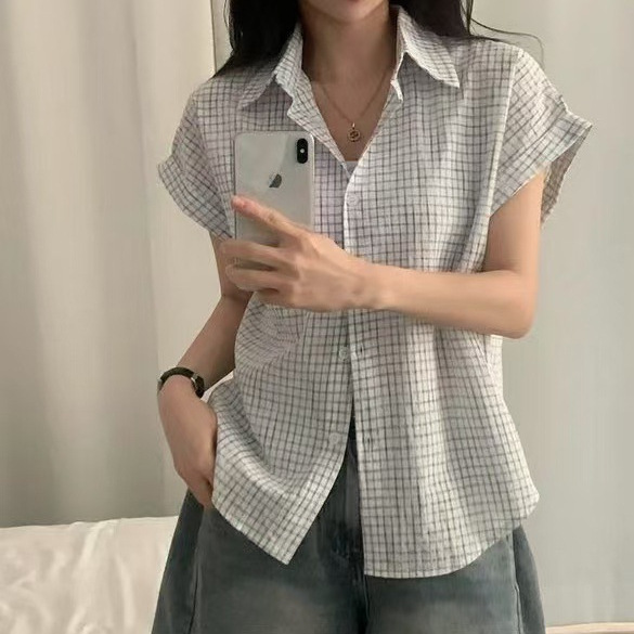 韩国chic时尚潮品女装格子衬衫25夏日单排扣宽松短袖4色衬衫开衫