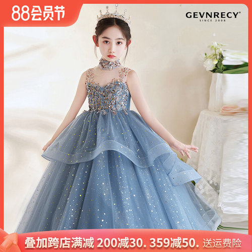 女童礼服夏季蓝色无袖吊带公主裙女孩花童婚纱走秀钢琴演奏蓬蓬裙