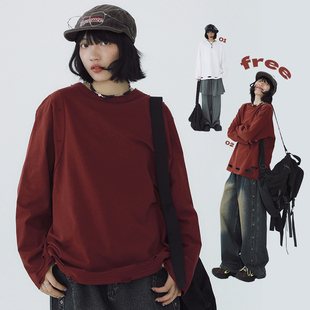 STILLYOU复古街头假两件毛边拼接圆领长袖 T恤女宽松破洞孔眼上衣