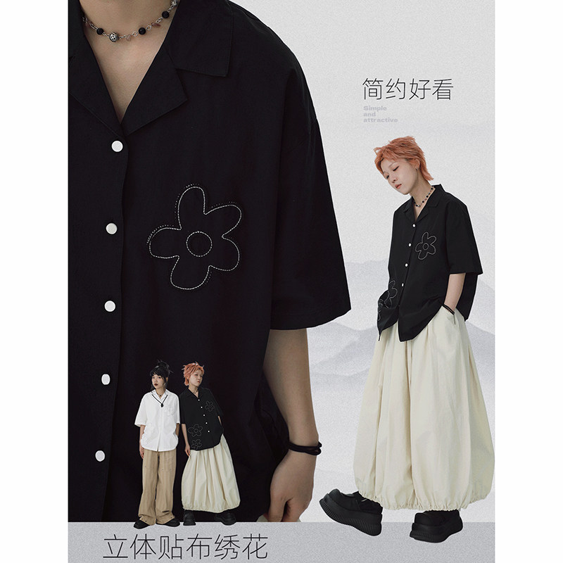 STILLYOU原创设计感贴布花花古巴领短袖衬衫女宽松黑白衬衣2025夏
