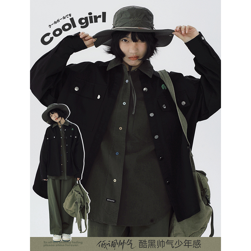 STILLYOU帅气少年感金属扣黑衬衫