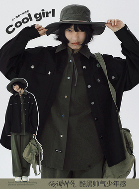STILLYOU酷黑帅气少年感金属扣刺绣黑色长袖外套式衬衫女宽松工装