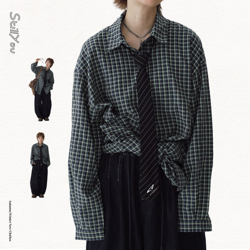 STILLYOU复古松弛蓝绿格长袖衬衫