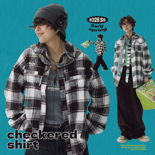 STILLYOU毛边粗纹棉格纹厚衬衫