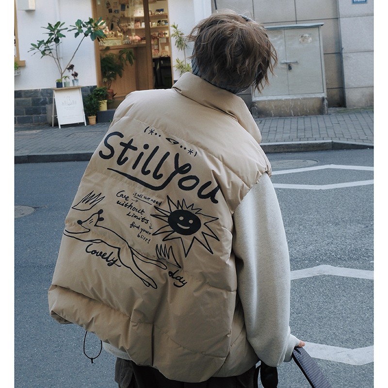 返场STILLYOU个性后背涂鸦印花立领羽绒马甲宽松无袖羽绒服新韩版