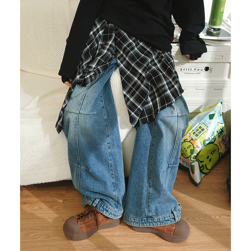 STILLYOU复古松弛感做旧水洗牛仔裤扣袢边直筒弧形分割压褶拖地裤