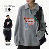 STILLYOU趣味抽象印花POLO领半拉链套头长袖 卫衣男女宽松翻领上衣