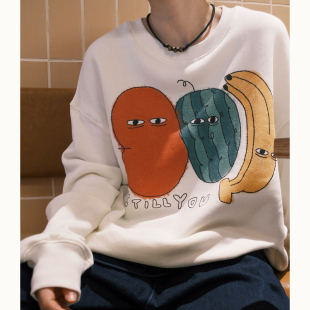 STILLYOU原创彩色涂鸦水果印花圆领毛圈卫衣男女情侣宽松套头上衣