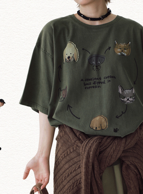 STILLYOU复古趣味猫狗头像印花圆领短袖T恤女宽松个性半袖t-shirt