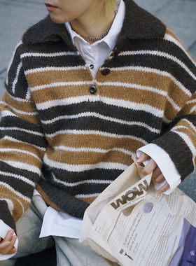 STILLYOU复古慵懒翻领半开扣套头黄咖条纹撞色毛衣女宽松圆领毛衫